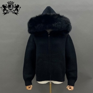Cardigan en tricot doux JANEFUR, confortable, chaud pour l'hiver, décontracté, luxueux, surdimensionné, <span class=keywords><strong>pull</strong></span> pour <span class=keywords><strong>femme</strong></span> avec capuche en vraie fourrure de renard - Product Image 2