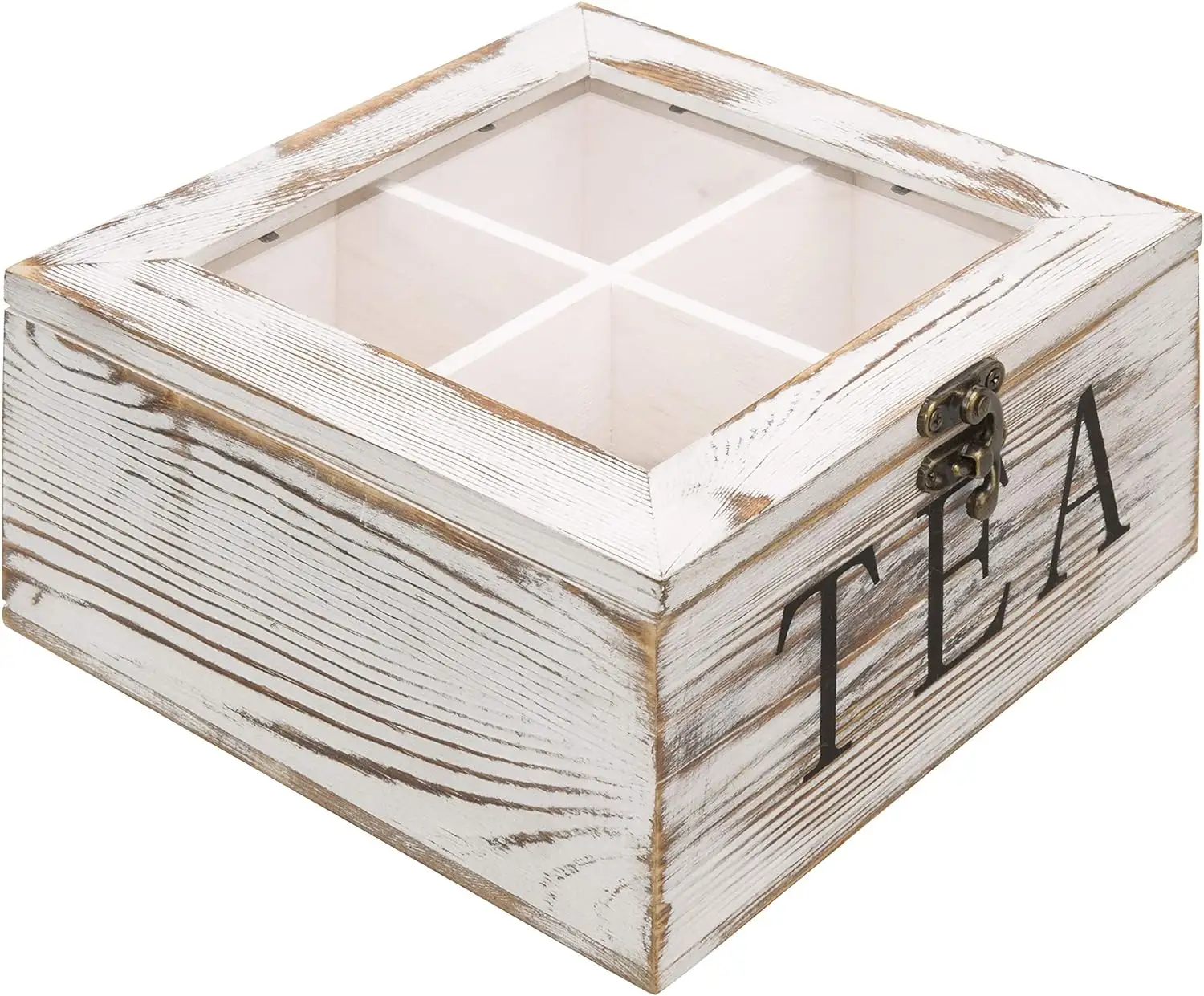 Zhonghuan Brand Shabby Whitewashed Boîte à thé en bois massif Organisateur Teabag Coffre de rangement avec couvercle et loquet en acrylique transparent