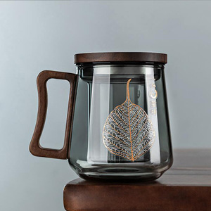 ชุดแก้วน้ำชาพร้อมฝาไม้และหูจับ 3 ชิ้น สำหรับใช้ในบ้านและสำนักงาน - Product Image 1