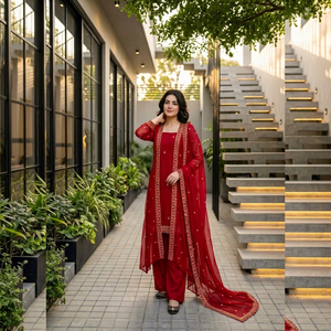 Designer Embroidery And Sequence Work Top With Faux Georgette <b>Shrug</b> And Bottom And Dupatta Fully Stitched Ready To Wear Set - Product Image 1
