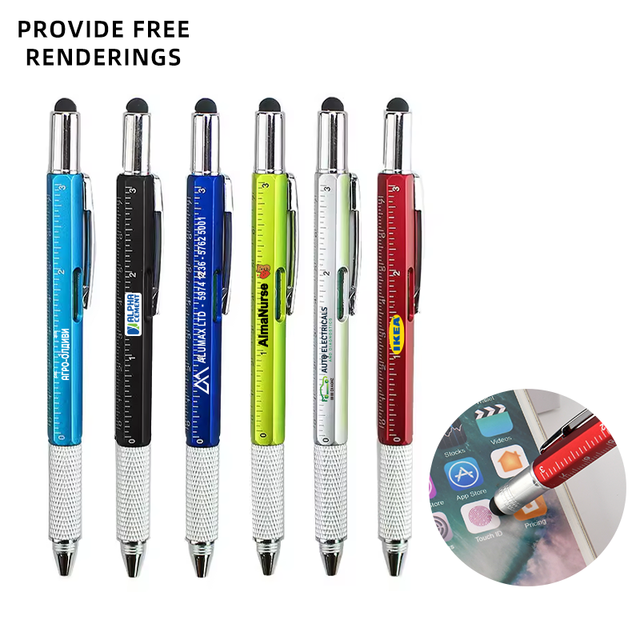 MANMU Art Markers Stationery 6-in-1 Multi-Functional Plastic Promotional Logo Ballpoint Pen Spirit Level Gauge Screwdriver 1.0mm