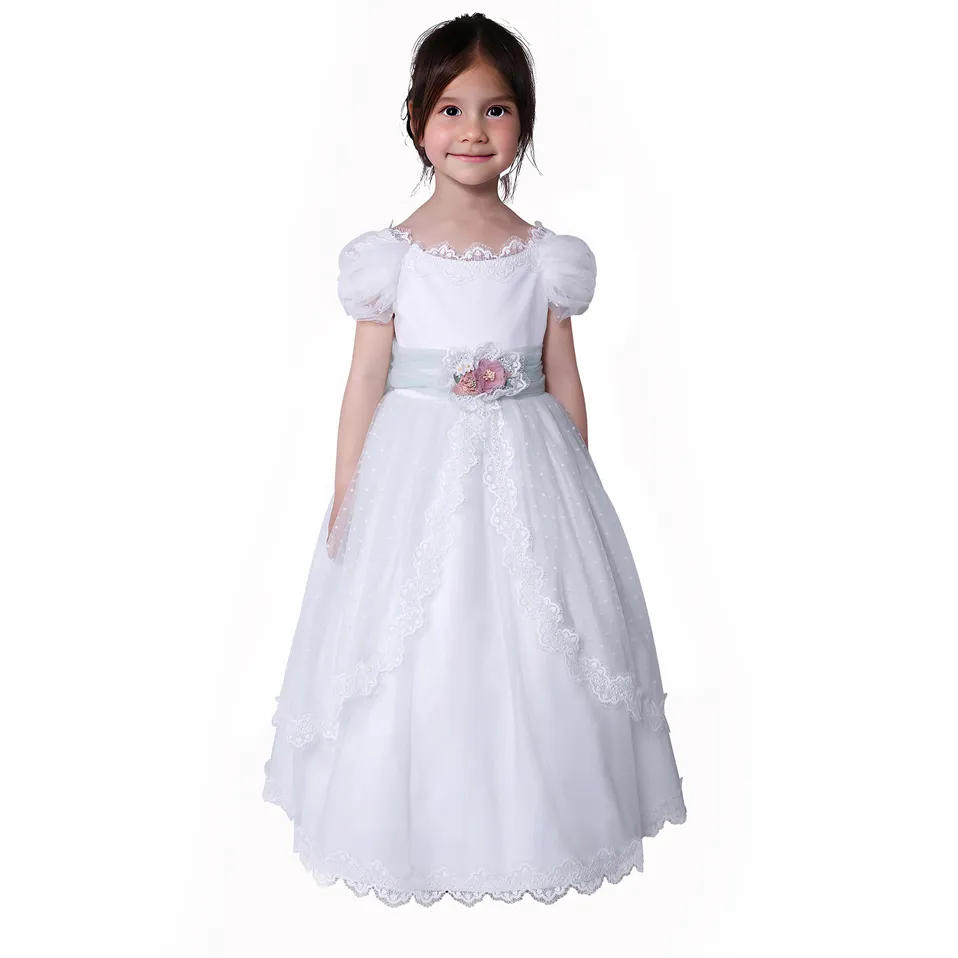 Élégante robe de première communion en dentelle blanche avec manches bouffantes et ceinture florale sarcelle pour filles