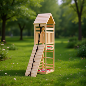 Casita de juegos de madera maciza de pino con pared de escalada para niños, para uso en exteriores en el patio trasero. - Product Image 2