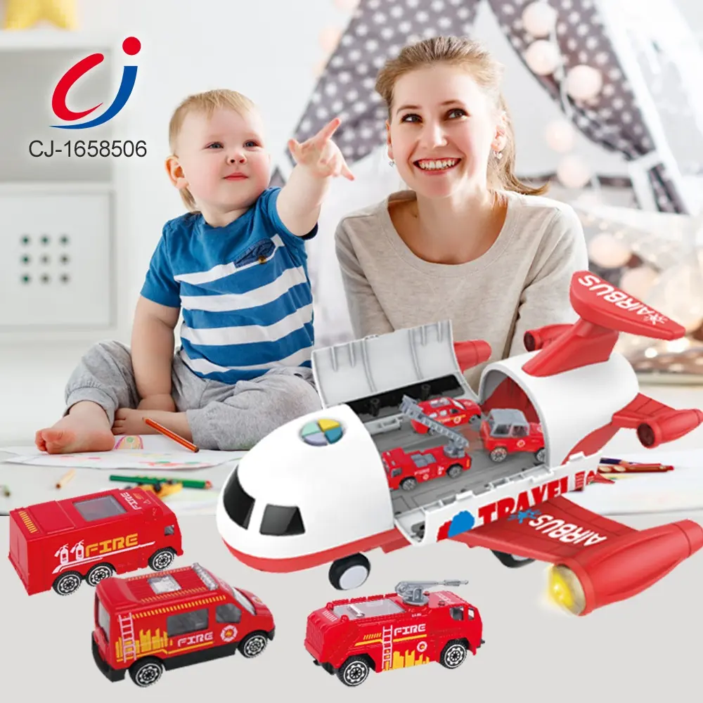 Parking lot storage transport garage friction aeroplane cargo plane toys plastic die cast metal fire engine set car toy