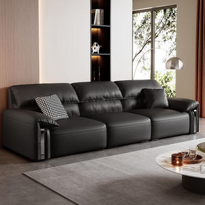 Sofá italiano minimalista de cuero genuino de tres plazas, forma recta, tapizado para sala de estar - Product Image 4