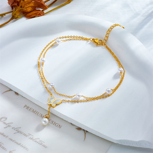 Fashionable Multi Layer Pearl Butterfly Tassel Chain Stainless Steel Anklet For Women Party Jewelry Gold Color - Product Image 2