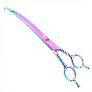 Ciseaux de toilettage pour animaux de compagnie, lames légèrement courbées, revêtement multi-plasma coloré, coiffure professionnelle, manche long, pour droitiers - Product Image 2