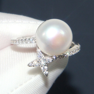 Q347 <b>Pearl</b> <b>Ring</b> Silver With Diamond Side Stones Round Brilliant Cut Natural G Color For Women Wedding Jewelry - Product Image 1