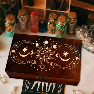 Caja de Madera para Guardar Recuerdos, Caja de Tarot Rectangular de Pino con Patrón Tallado de Fases Lunares y Solares para Guardar Joyas de Aniversario - Product Image 6