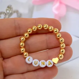 14K Gold Personalized Name 6mm Bead Baby Bracelet Cute Heart Charm Bead Bracelet For Gift