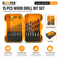 COOFIX CFA-07015 Ensemble de 15 forets à bois en acier rapide, forets hélicoïdaux pour le perçage du bois avec boîte de rangement portable
