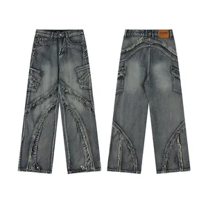 Streetwear Jeans kaki lebar Kelim mentah perca antik untuk wanita Jeans Biggy pinggang tinggi Y2k grosir uniseks