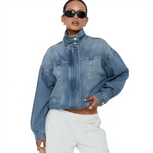 Veste en jean courte délavée pour femme, coupe oversize, col montant, manches longues, style vintage, décontractée - Product Image 4