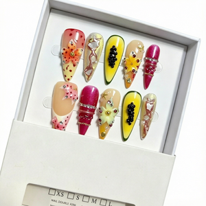 เล็บปลอมแบบกดติด 10 ชิ้น ขนาดกลาง-ยาว ทรงสติลเลตโต้ ทำมือ ลายดอกไม้ฝรั่งเศสแบบทรอปิคอล 3 มิติ หรูหรา สำหรับงานปาร์ตี้ ทำเล็บ ขายส่ง - Product Image 5