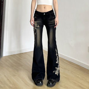 Pantalones Vaqueros de Mujer Estilo Y2K Vintage, Desgastados, Acampanados, de Tiro Bajo, con Bordado Floral, Estilo Casual y Urbano - Product Image 4