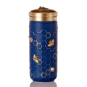 Acera Liven Honey Bee Tasse de voyage avec cristaux en céramique fabriqués avec de beaux motifs abeilles dorées peintes à la main