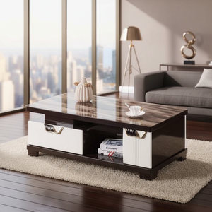 Table basse en verre noir de luxe 2025 - Design géométrique doré avec tiroir accentué et cadre en bois - Meubles de salon pour la maison - Product Image 5