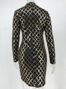 Automne Femmes Vêtements À Manches Longues Col Roulé Noir Or Plaid Paillettes Perlées Mini Robe De Soirée - Product Image 5