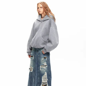 Sweat à capuche oversize à col montant et fermeture éclair, style streetwear automnal, tissu lourd personnalisé, uni et imprimé, sérigraphie - Product Image 1