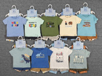 Vêtements pour bébés de marque, stock d'usine, vente en gros, vêtements d'été, ensemble de 3 pièces, motifs tendance, combinaison à manches courtes + ensemble t-shirt