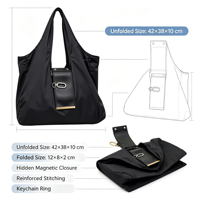 Sac fourre-tout pliable BSCI avec porte-clés, réutilisable, en nylon résistant à l'eau, léger, avec fermeture éclair, petit portefeuille pliable, sac de courses pour femmes