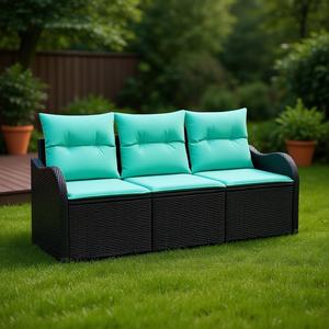 Black Poly Rattan Garden <b>Sofa</b> <b>Set</b> With Cushion 3 Piece Outdoor Furniture Contemporary Design - Product Image 2