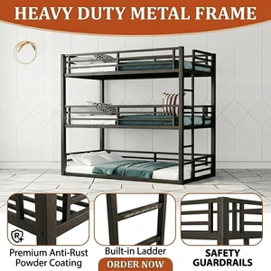 Cama Triple Moderna de Metal, Dos Camas Individuales Superpuestas con Barandillas y Escalera para Niños, Adultos, Escuelas y Hoteles - Product Image 2