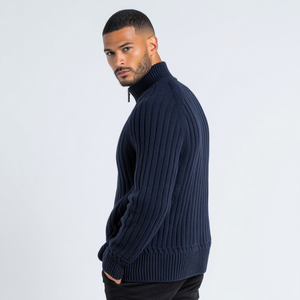 Cárdigan de <span class=keywords><strong>Hombre</strong></span> con Cuello Camisero y Cierre de Cremallera, Mezcla de Lana Merino, Manga Larga, Cierre Completo, Antibolitas, Transpirable, <span class=keywords><strong>Azul</strong></span> <span class=keywords><strong>Marino</strong></span> - Product Image 2