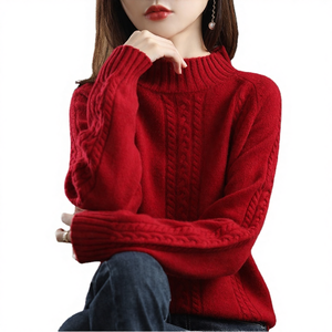 Suéter de Punto Trenzado para Mujer, Cuello Redondo, Manga Farol, Ajustado al Cuerpo, Color Sólido, Informal de Invierno, Transpirable - Product Image 4