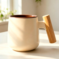 Mug à café en céramique de style classique nordique de 360 ml avec poignée en bois de bambou écologique pour le thé, le café et le lait