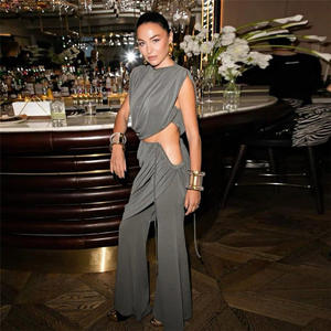 T-shirt Design irrégulier couleur unie deux pièces pantalon évasé ensemble automne vêtements pour femmes élégant 2 pièces ensemble pour les femmes - Product Image 3