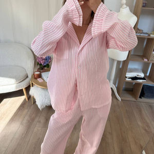 Ensemble Pyjama Deux Pièces Femme QINSI Printemps Manches Longues Pantalon Volants Rose Rayé Coton Décontracté pour Nuit et Détente - Product Image 4