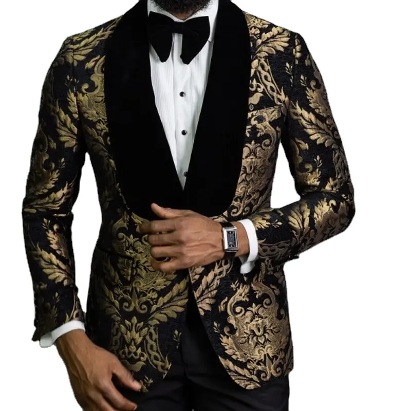 Costume Homme Fashion 2 Pieces Black Floral Jacquard Prom Men's Suits Slim Fit Velvet Shawl Lapel Wedding Groom Tuxedos Blazer