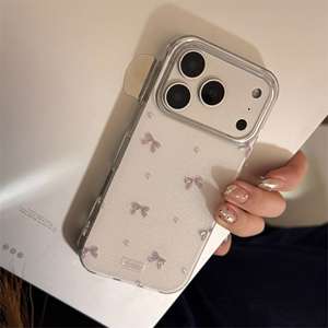 Funda para iPhone 17 Pro, estilo coreano, con lazo gris brillante, ventana grande, cobertura total, anticaídas - Product Image 3