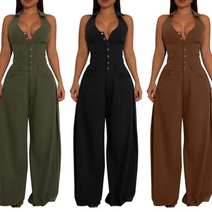 Combinaison décontractée pour femmes, sans manches, col en V, dos nu, boutonnée sur le devant, tendance - Product Image 2