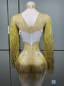 Party Outfit Sparkly Rhinestones Printed Lace <strong>Oriental</strong> <strong>Dance</strong> Costume Yellow <strong>Dress</strong> for Women