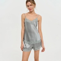 Ensemble pyjama femme en soie de mûrier, caraco et short, avec dentelle, luxe, été, sans manches, 2 pièces, vente en gros