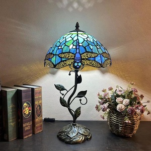 LongHuiJing Handmade Stained Glass Mediterranean Design Dragonfly Lampshade Desk Lamp Dome Shade AC Powered for Study 12-Inch - Product Image 2