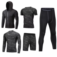 Ensemble de sport cinq pièces pour homme, séchage rapide, manches longues, couleur unie, coupe ajustée, en soie de lait, élasthanne et polyester, pour le fitness