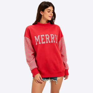 Custom <strong>Women's</strong> <strong>Christmas</strong> Mock Neck Patchwork Gingham Sleeve Gingham Letter Applique Loose Drop Shoulder <strong>Sweatshirt</strong> Manufacturer - Product Image 1