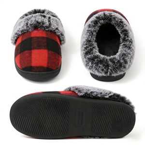 Pamuklu Sıcak İç Mekan Tüylü Ekose Desenli Unisex Kaymaz Ev Terliği Kırmızı Siyah Kareli Tüylü Terlik Kadın Erkek İçin - Product Image 1