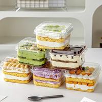 Autocollant d'emballage jetable de qualité alimentaire pour gâteaux mousse, boîte transparente carrée pour snacks et pâtisseries, avec fourchette pour tiramisu