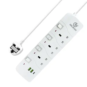 Britain White Extension Socket UK Plug 3 Ways With Independent Switch 2 USB 1 type-c Power Socket