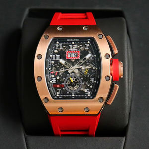Men's rose gold retro chronograph watch, hollowed-out automatic mechanical barrel-shaped watch, with <b>red</b> rubber strap - Product Image 3