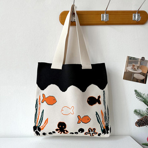 New Korean Cartoon Underwater World <b>Knit</b> Shoulder Bag Cute Octopus Fish <b>Pattern</b> Casual Large Tote Bag <b>For</b> Students Girls - Product Image 6