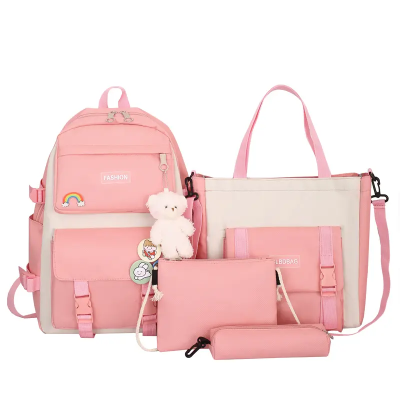 New Fashion School Book Bag for 4 Piece Pink Teenagers Backpack with Pencil Box School Bag Set for Girl