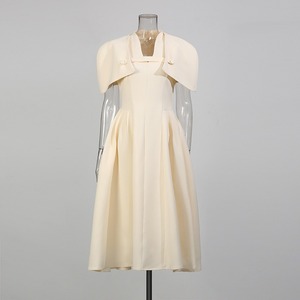 Elegant for <b>White</b> Sleeveless Cape Collar A-line Midi Satin Empire Waist Vintage Formal <b>Wedding</b> Guest Evening Banquet <b>Dress</b> - Product Image 2