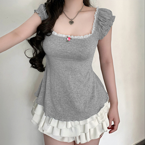 Camiseta Casual Básica de Verano, Transpirable, Tejida, Ecológica, Cuello Cuadrado, Cintura Alta, Corte Ajustado, Manga Corta, en Color Sólido - Product Image 4