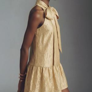 Robe mini jacquard champagne pour femme, col halter, ourlet à volants, robe de soirée style A-line - Product Image 1