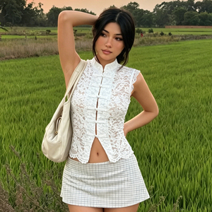 Chemisier sans manches en dentelle pour femme, couleur unie, nouveau style chinois, haut à nœud avec boutons grenouillère, look élégant - Product Image 4